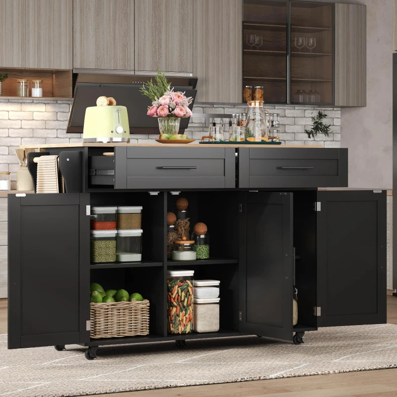 Sleek Kitchen Trolley with 2 Drawers and Cabinets, Mobile Kitchen Island with Foldable Tabletop, 129L x 46W x 91.5H cm, Black+Natural