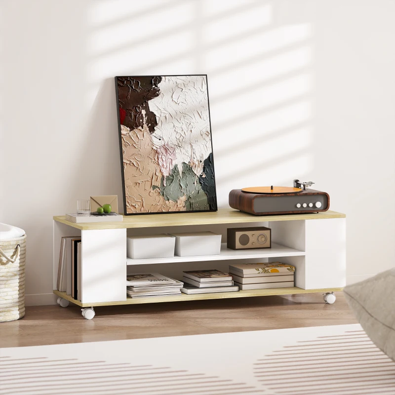 HOMCOM Móvel para TV com Rodas Armário para TV Flutuante com 2 Portas e 2 Prateleiras 120x40x38,5cm Branco e Madeira