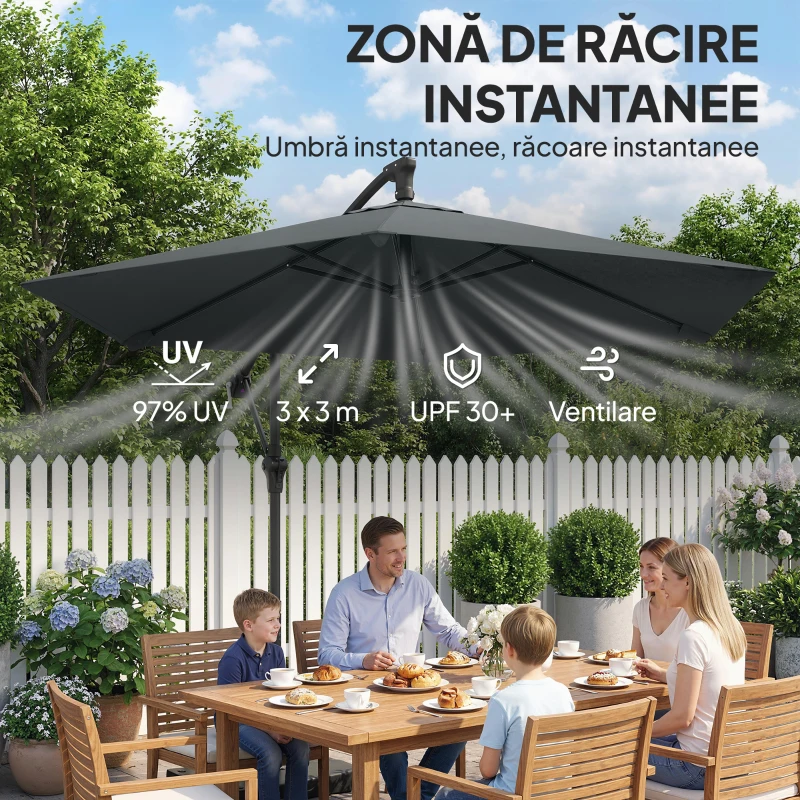 Outsunny Umbrelă de Grădină Offset 3x3 m, Umbrelă de Exterior cu Greutăți Reumplibile, Bază în Formă de Cruce, Sistem de Blocare, Manivelă, pentru Piscină Terasă, UV 30+, Gri Închis