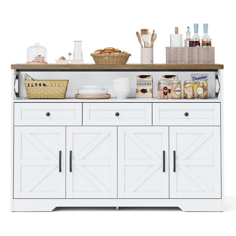 Versatile Sideboard with 2 Cupboards and Smooth‑Glide Drawers, Modern Coffee Bar for Living Room, 140L x 35W x 95H cm, Brown+White