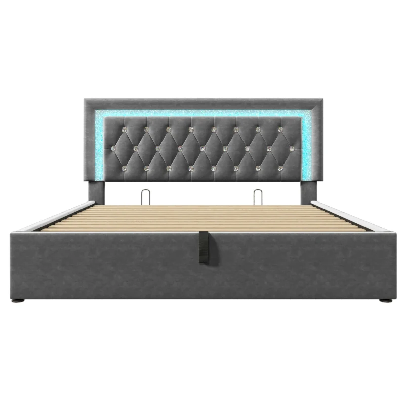 Upholstered Bed with Built-In USB Ports and Type-C Charging, Hydraulic Storage Bed with Adjustable Headboard, 214L x 160W x 108H cm, Grey
