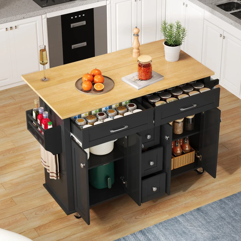 Versatile Kitchen Trolley with Extendable Worktop and 5 Drawers, Sturdy Buffet with Lockable Castors, 140L x 65W x 89H cm, Black+Natural