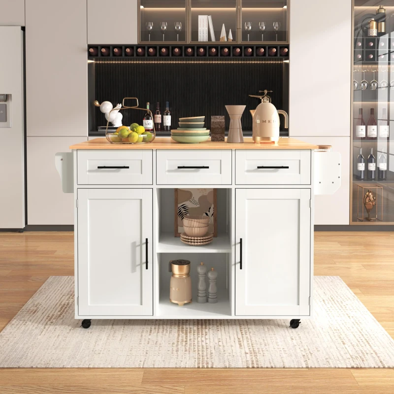 Stylish Kitchen Trolley with Foldable Wood-Grain Countertop, Versatile Buffet with Interchangeable Wheels, 139L x 46W x 91H cm, White