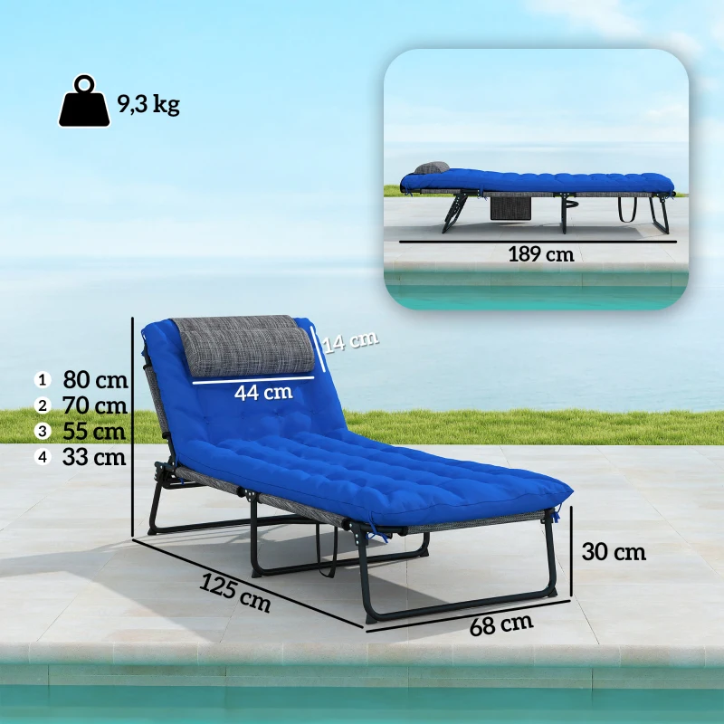 Outsunny Zonneligstoel met 4-Standen Verstelbare Rugleuning, Kussen, Zijvak, Hoofdsteun, 68 x 189 x 30 cm, Blauw