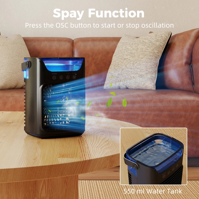 HOMCOM Desk Fan with Adjustable Head, 3-Speed Small Fan with 700ml Water Tank Black