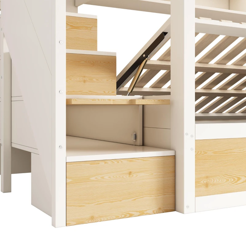 Cabin-Style Bunk Bed with Staircase Cabinet & Underbed Storage, Space-Saving Single Bed for Kids, 243L x 95W x 152H cm, Natural+White