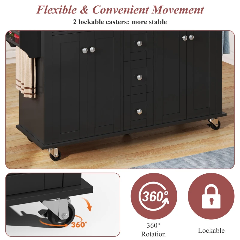 Versatile Kitchen Trolley with Extendable Worktop and 5 Drawers, Sturdy Buffet with Lockable Castors, 140L x 65W x 89H cm, Black+Natural