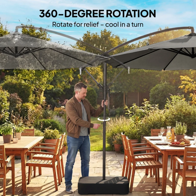 Outsunny 3 m Garden Cantilever Parasol with Cross Base, Sandbag, 360° Rotating Overhanging Banana Umbrella, Grey