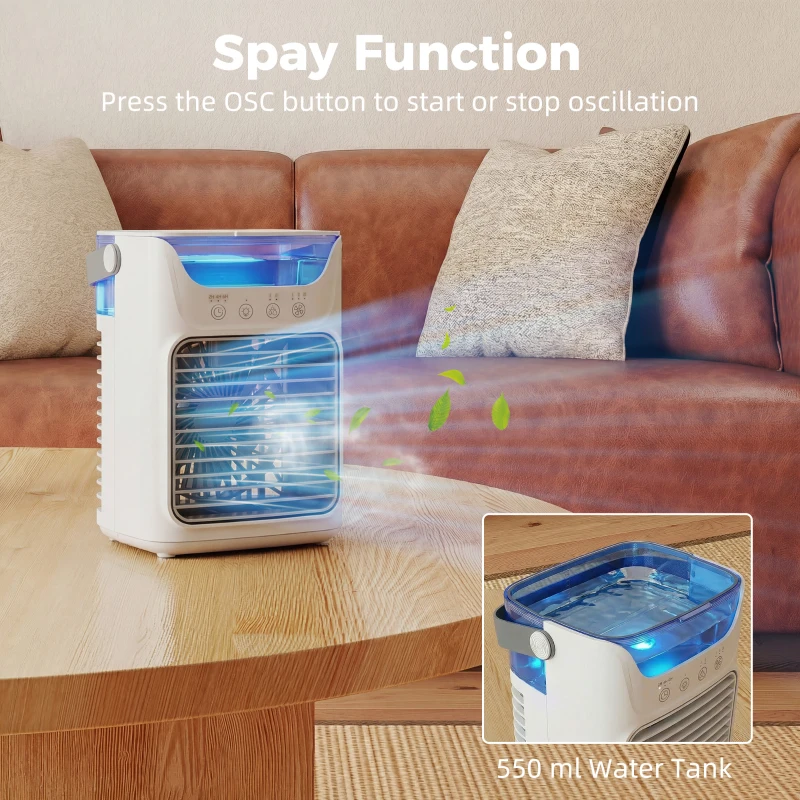 HOMCOM Desk Fan with Adjustable Head, 3-Speed Small Fan with 700ml Water Tank Grey