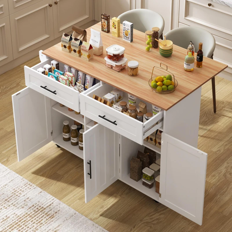 Modern Kitchen Trolley with 2 Drawers and Cabinets, Mobile Kitchen Island with Foldable Tabletop, 129L x 46W x 91.5H cm, White+Natural