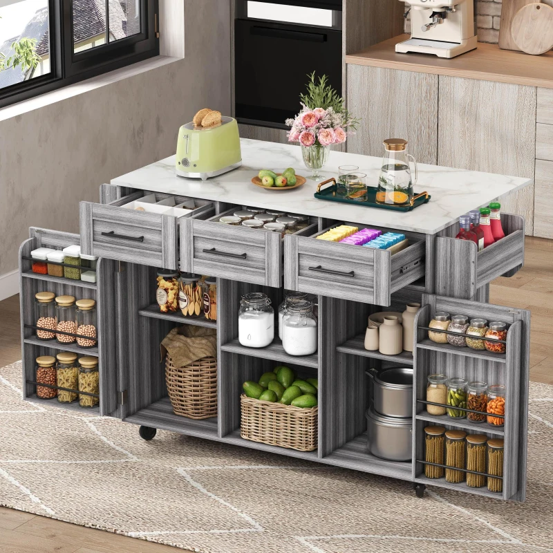 Stylish Kitchen Trolley with Foldable Wood-Grain Countertop, Versatile Buffet with Interchangeable Wheels, 139L x 46W x 91H cm, Gray