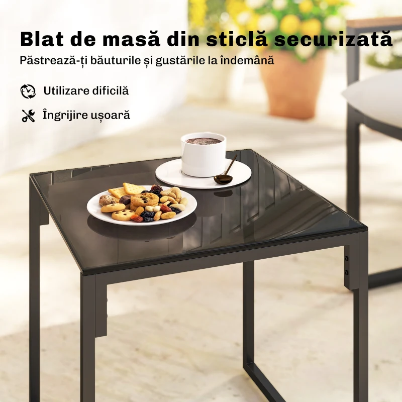 Outsunny Set Bistro pentru 2 Persoane, Set din 3 Piese pentru Grădină cu Cadrul din Metal și Perne Groase