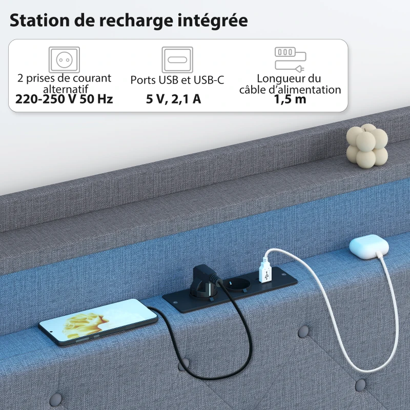 HOMCOM Cadre de lit 140 x 190 cm avec sommier acier, lit 2 personnes flottant avec lumières LED RGB et station de charge, gris