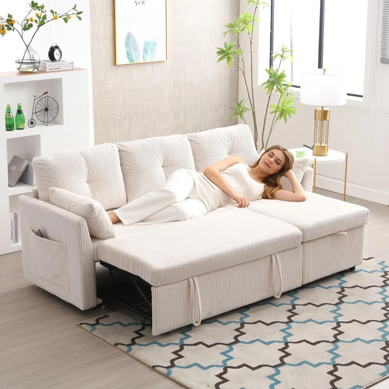 L-Shaped Convertible Sectional Sleeper Sofa with Pull Out Bed, 3-In-1 Convertible Sofa with High Storage Chaise, 206L x 130W x 88H cm, Beige