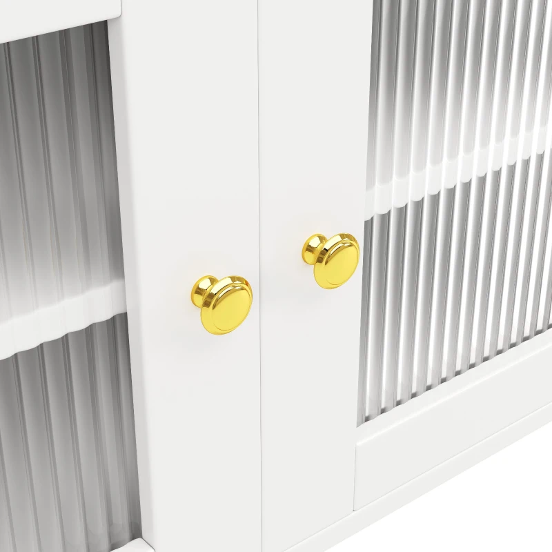 Multifunctional Sideboard with Changhong Glass Door and Glass Holder, Spacious Buffet with Multiple Drawers, 145L x 39W x 171H cm, White