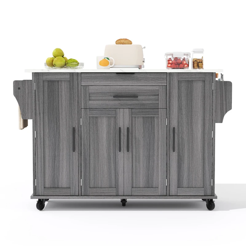 Versatile Kitchen Trolley with Fold-Out Worktop and Lockable Castors, Spacious Kitchen Island with Cabinets, 136L x 70W x 92H cm, Gray