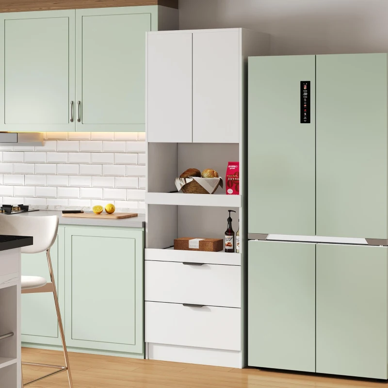 Freestanding Pantry Cabinet with 2 Open Sliding Shelves, Multifunctional Sideboard for Dining & Living Rooms, 59.5L x 45W x 200H cm, White