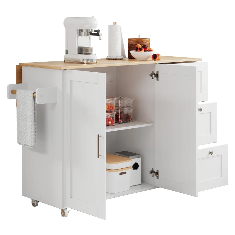 Versatile Kitchen Island with 3 Drawers and 2-Door Cabinet, Space-Saving Rolling Trolley with Foldable Worktop, 135L x 70W x 90H cm, White