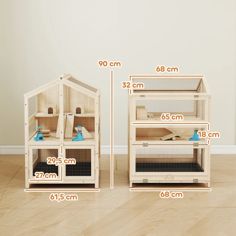 PawHut Houten hamsterkooi met 3 verdiepingen, dierenkooi met huisjes, wipplanken, hellingen en drinkbakjes, 68x61,5x90 cm naturel hout