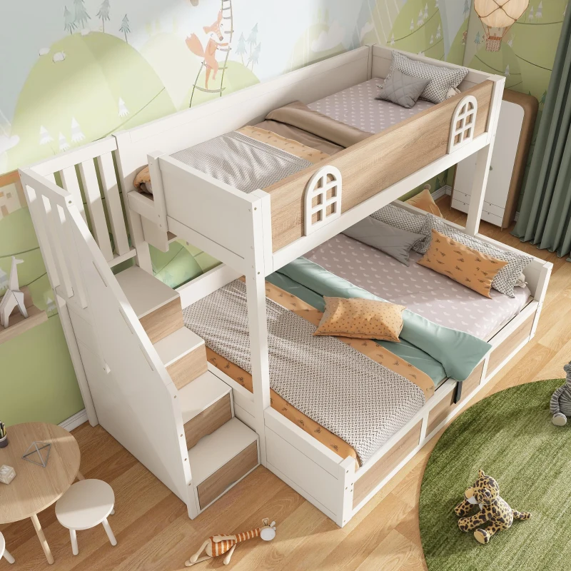Cabin-Style Bunk Bed with Staircase Storage Cube & Hanging Baskets, Hydraulic-Lift Bed for Children, 244L x 140W x 155H cm, Natural+White