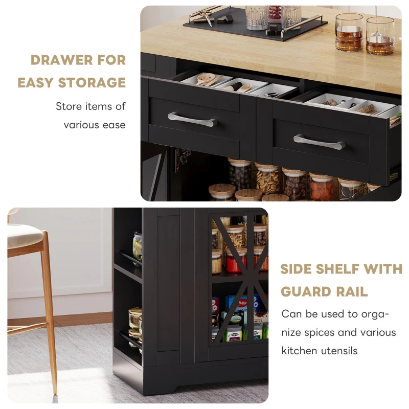 Mobile Kitchen Island with Foldable Tabletop and Sockets, Storage Buffet with Adjustable Shelves, 120L x 65W x 92H cm, Black+Natural