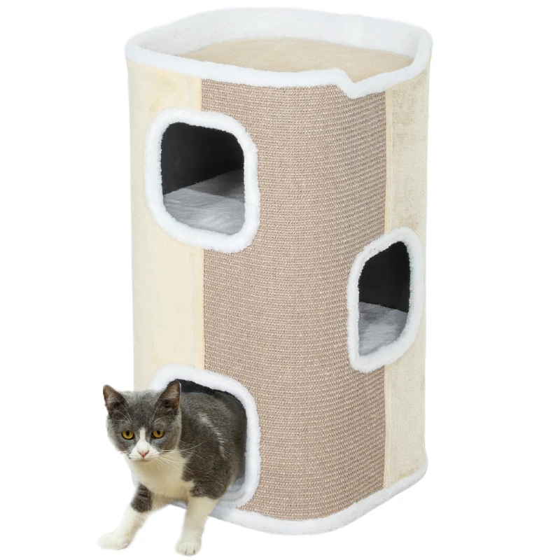 PawHut Torre Tiragraffi a 3 Livelli per Gatti, Albero Robusto per Gatti con Rifugio, Morbido Peluche, Beige