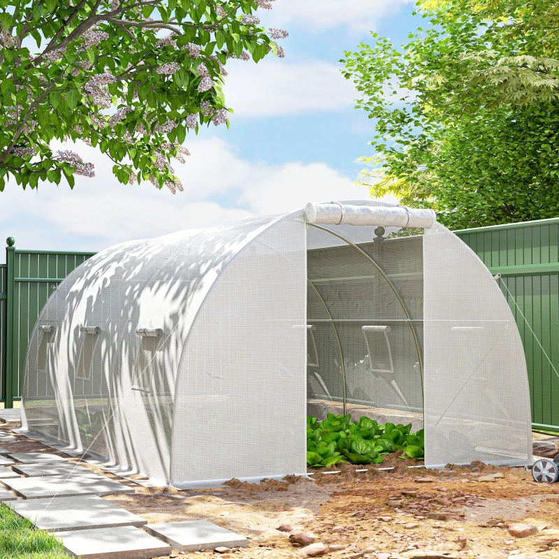 Outsunny Seră de grădină tunel 13,5 m² 6 ferestre, ușă rulantă cu fermoar cadru oțel galvanizat, prelată PE 4,5 x 3 x 2 m alb