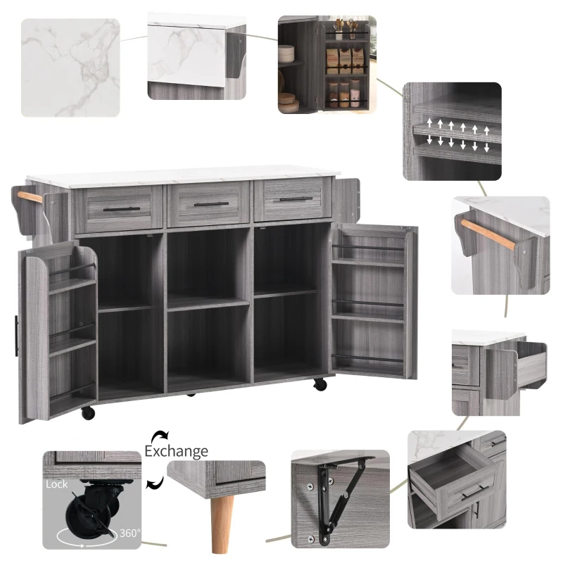 Stylish Kitchen Trolley with Foldable Wood-Grain Countertop, Versatile Buffet with Interchangeable Wheels, 139L x 46W x 91H cm, Gray