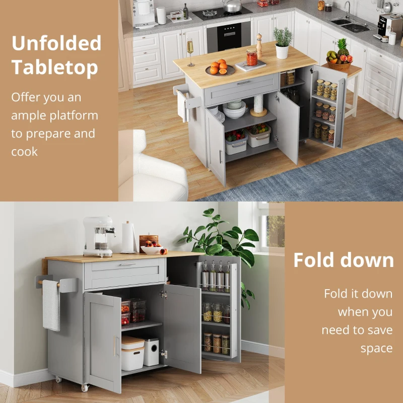 Versatile Kitchen Island with Foldable Worktop, Adjustable Shelves, Multifunctional Cabinet for Dining Areas, 132.5L x 44W x 90H cm, Gray