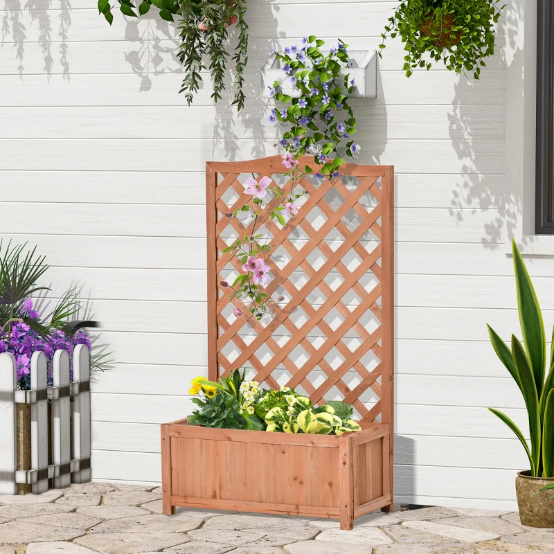 Outsunny Jardinieră cu spalier, bac de flori ridicat, pentru plante cățărătoare, legume, flori, din lemn masiv, interior și exterior, curte, grădină, balcon, 70 x 28 x 117 cm, maro