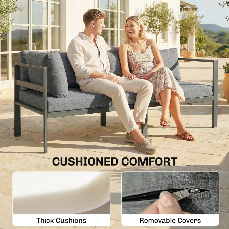 Outsunny 3 Pieces Garden Furniture Set, Aluminium Corner Lounge Set with Adjustable Backrest and Coffee Table