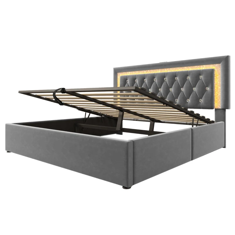 Upholstered Bed with Built-In USB Ports and Type-C Charging, Hydraulic Storage Bed with Adjustable Headboard, 214L x 160W x 108H cm, Grey