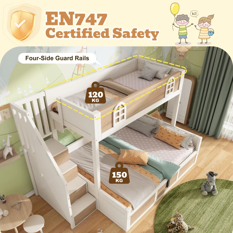 Cabin-Style Bunk Bed with Staircase Storage Cube & Hanging Baskets, Hydraulic-Lift Bed for Children, 244L x 140W x 155H cm, Natural+White