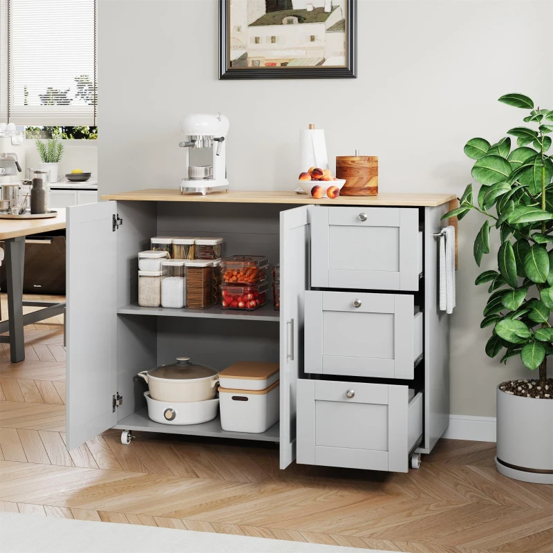 Versatile Kitchen Island with 3 Drawers and 2-Door Cabinet, Space-Saving Rolling Trolley with Foldable Worktop, 135L x 70W x 90H cm, Grey