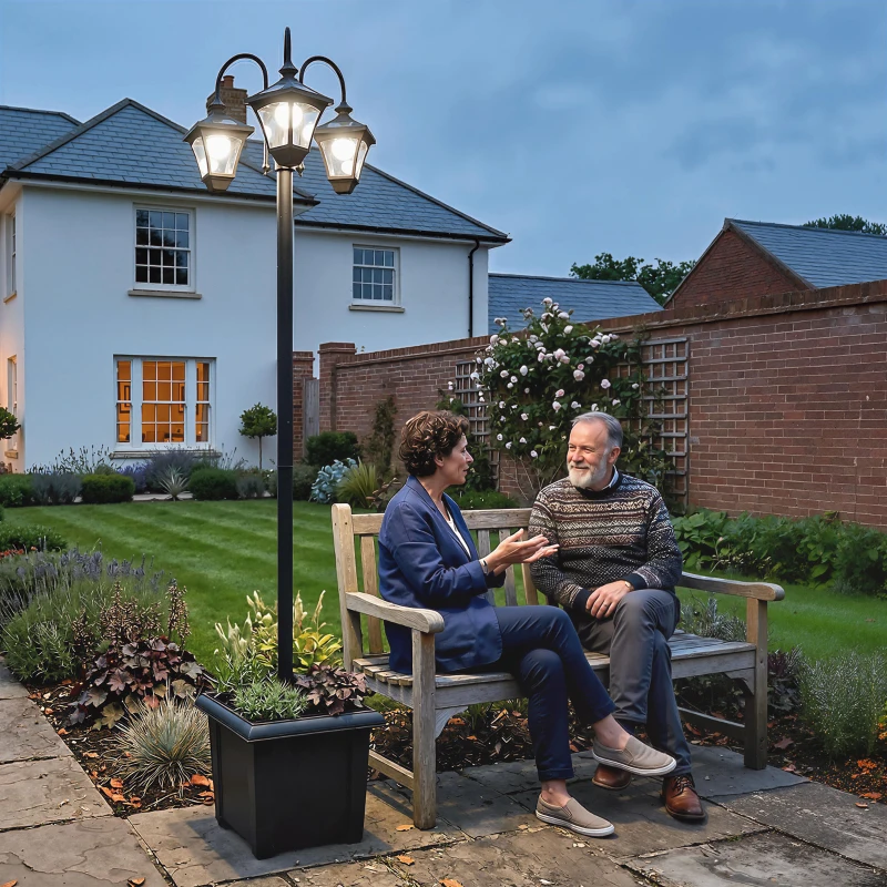 Outsunny Solar Lantaarn Staande Lamp met Plantenbak 185cm Verstelbaar Buiten Tuinlantaarn met 3 Lampkoppen Lichtregeling