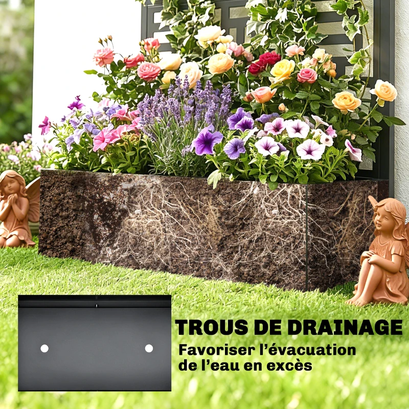 Outsunny Jardinière avec treillis, bac à fleurs en acier galvanisé avec brise-vue, trous de drainage, 90x40x180cm, noir