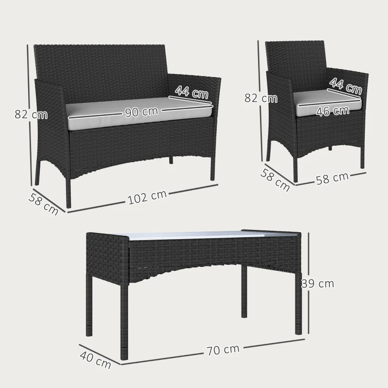 Outsunny Set mobilier de grădină exterior 4 persoane din rășină împletită cu canapele și măsuță din sticlă securizată perne incluse gri