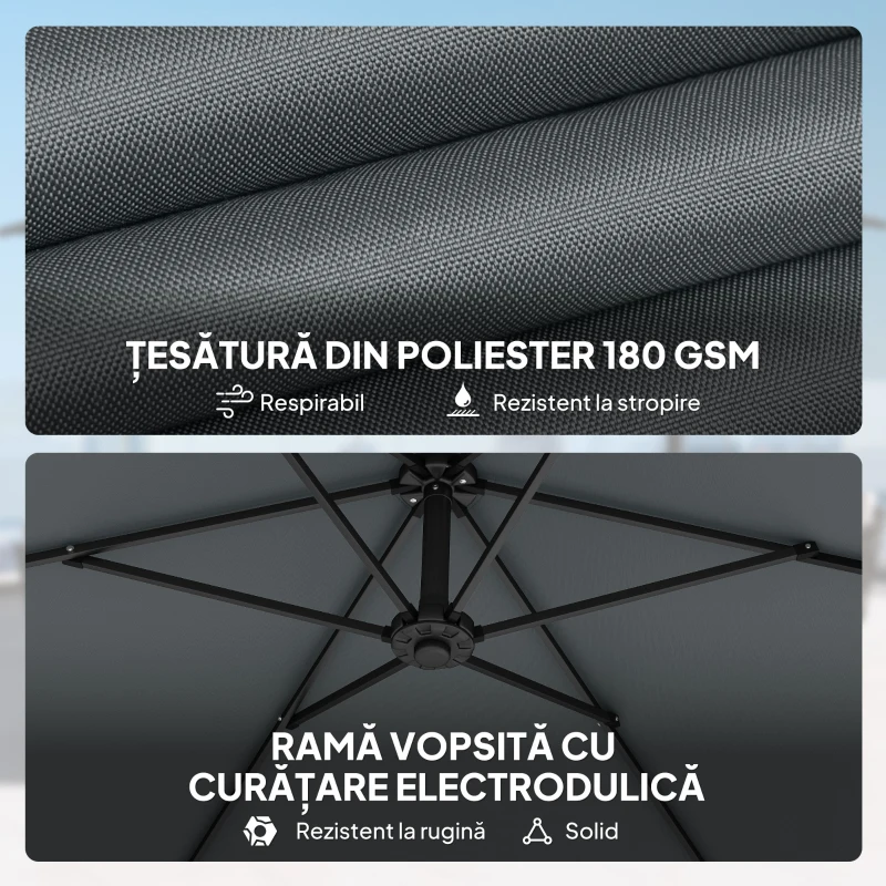 Outsunny Umbrelă de Grădină Offset 3x3 m, Umbrelă de Exterior cu Greutăți Reumplibile, Bază în Formă de Cruce, Sistem de Blocare, Manivelă, pentru Piscină Terasă, UV 30+, Gri Închis