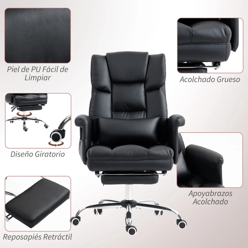 HOMCOM Silla de Oficina con 6 Puntos de Masaje Reposapiés Retráctil Altura Ajustable Control Remoto y Soporte Lumbar Negro