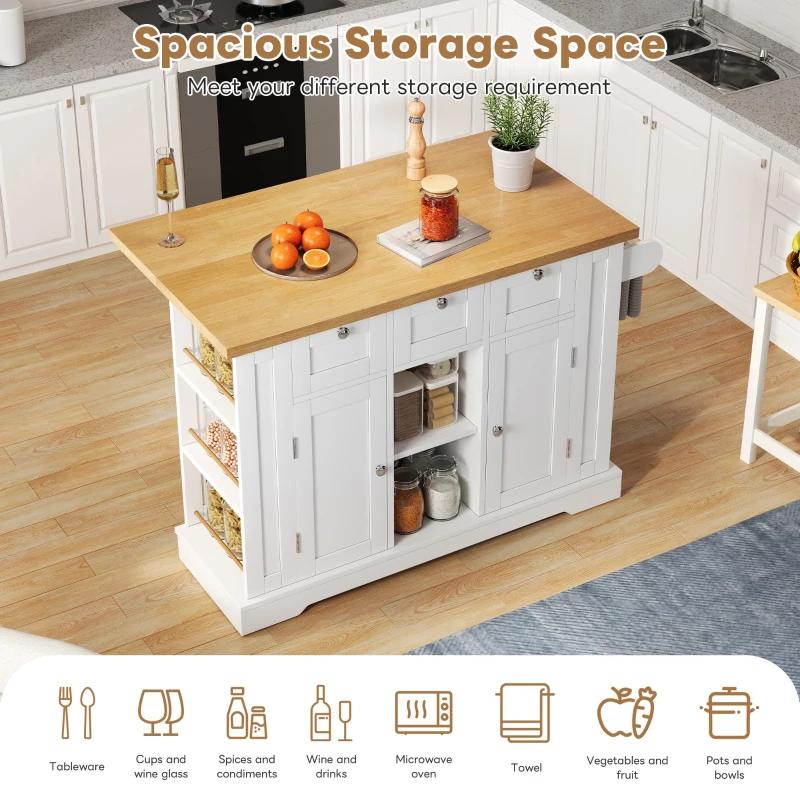 Versatile Kitchen Island with 3 Drawers and 2‑Door Cupboards, Practical Trolley with Extendable Worktop, 132L x 70W x 87H cm, White+Natural
