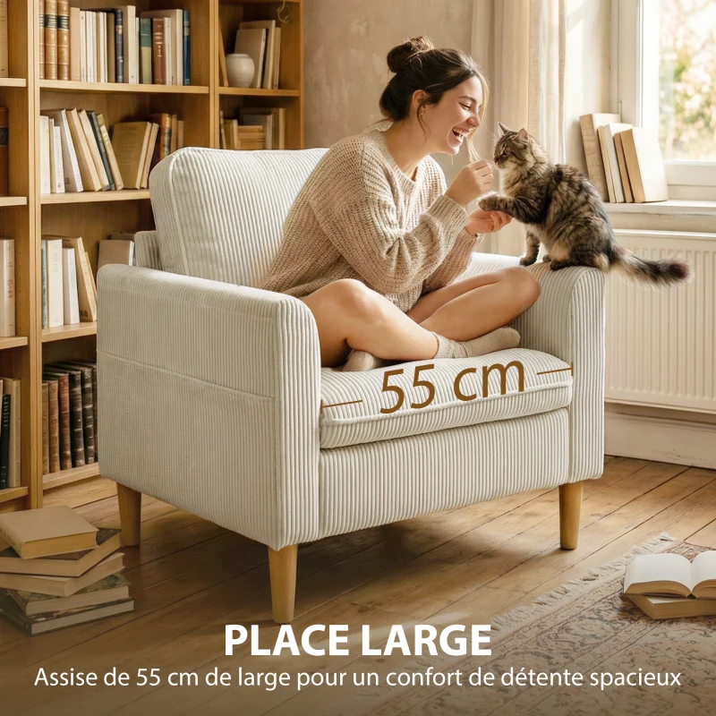 HOMCOM Fauteuil de salon en velours côtelé, canapé 1 place rembourré avec assise large et coussin à ressorts, 83x74x87cm, beige