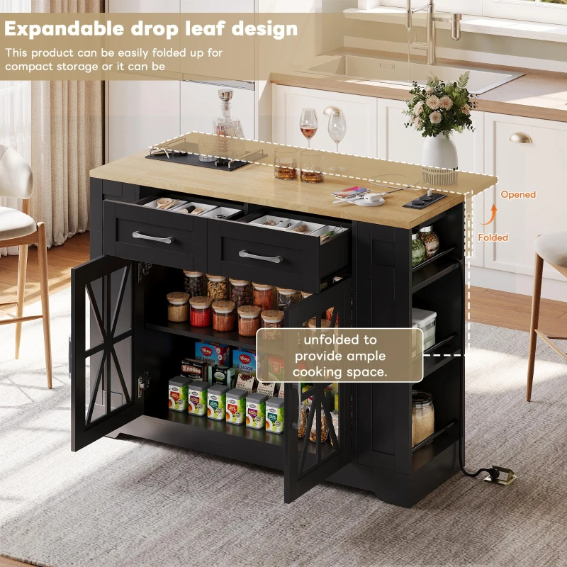 Mobile Kitchen Island with Foldable Tabletop and Sockets, Storage Buffet with Adjustable Shelves, 120L x 65W x 92H cm, Black+Natural