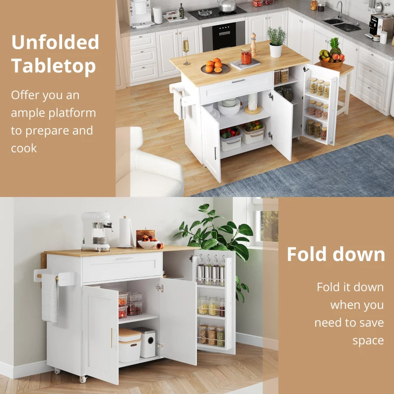 Mobile Kitchen Island with Foldable Oak-Look Worktop, Multi-purpose Trolley with Sliding Drawer, 132.5L x 44W x 90H cm, White+Natural