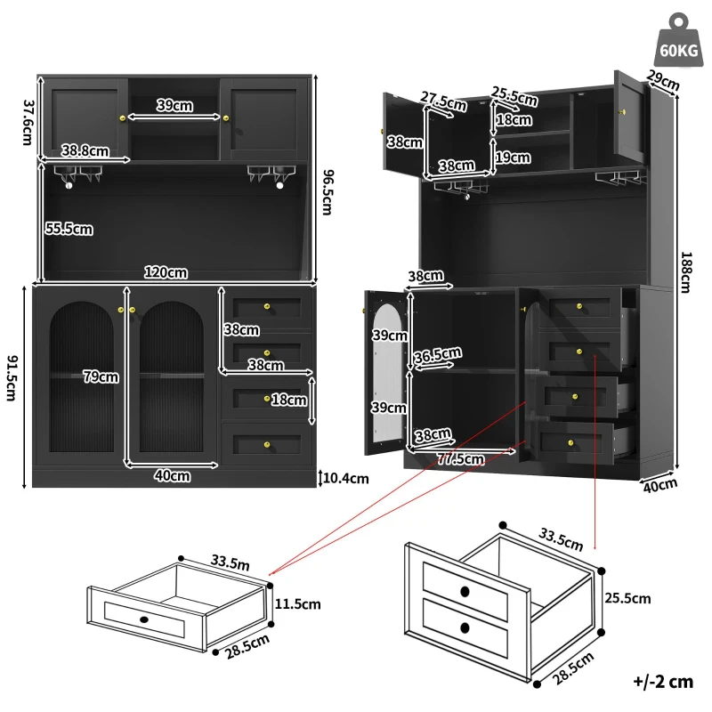 Trendy Sideboard with App-Controlled LED, Snack Rack and Drink Holders, Spacious Buffet with Anti-Tip Fixings, 120L x 40W x 188H cm, Black