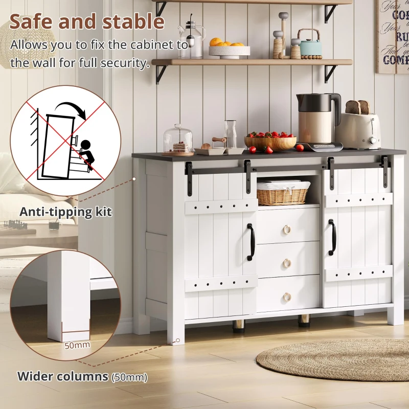 Versatile Sideboard with 3 Drawers and Quiet Sliding Doors, Rustic Buffet Cabinet for Kitchen, Dining Areas, 120L x 40W x 80H cm, White