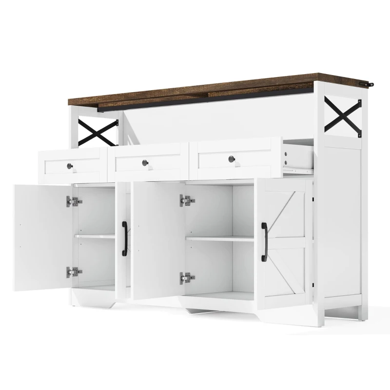 Versatile Sideboard with 2 Cupboards and Smooth‑Glide Drawers, Modern Coffee Bar for Living Room, 140L x 35W x 95H cm, Brown+White