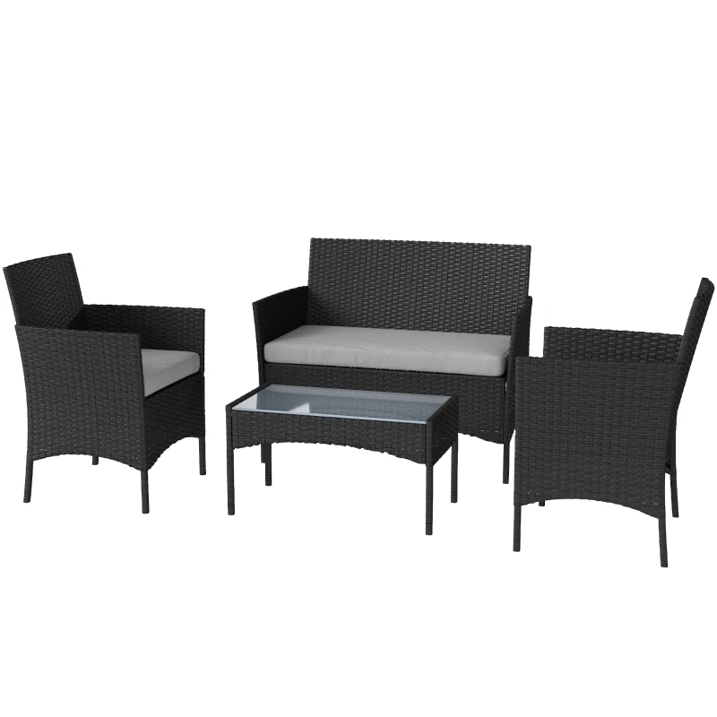 Outsunny Set mobilier de grădină exterior 4 persoane din rășină împletită cu canapele și măsuță din sticlă securizată perne incluse gri