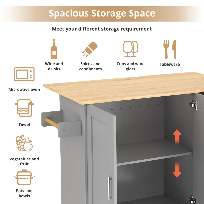Versatile Kitchen Island with 3 Drawers and 2-Door Cabinet, Space-Saving Rolling Trolley with Foldable Worktop, 135L x 70W x 90H cm, Grey