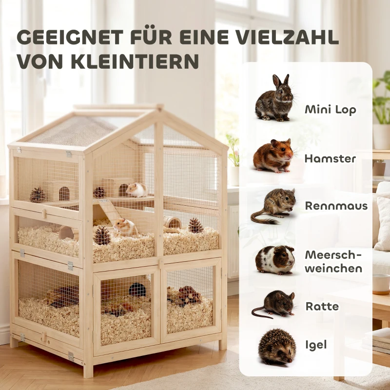 PawHut Houten hamsterkooi met 3 verdiepingen, dierenkooi met huisjes, wipplanken, hellingen en drinkbakjes, 68x61,5x90 cm naturel hout