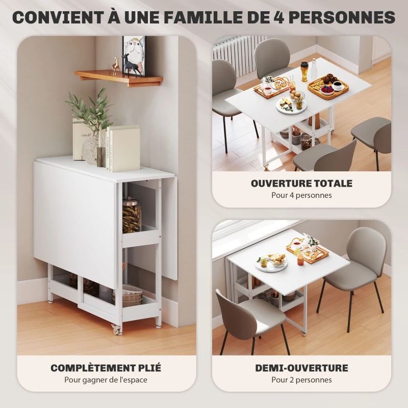 HOMCOM Table à manger pliante sur roulettes 4 personnes avec compartiments ouverts, pour petits espaces, salle à manger, blanc